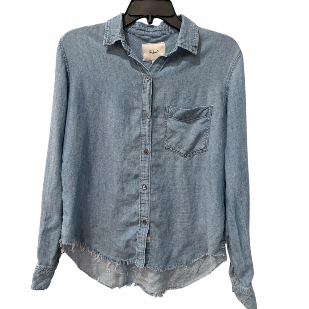 Rails Women’s Chambray Blue Denim Distressed Button Front Shirt Size XS